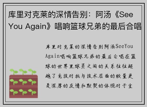 库里对克莱的深情告别：阿汤《See You Again》唱响篮球兄弟的最后合唱(库里和克莱汤普森谁的三分准)