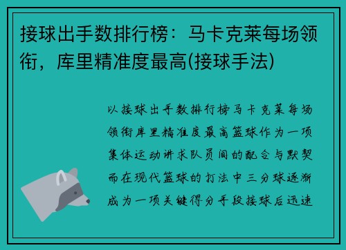 接球出手数排行榜：马卡克莱每场领衔，库里精准度最高(接球手法)