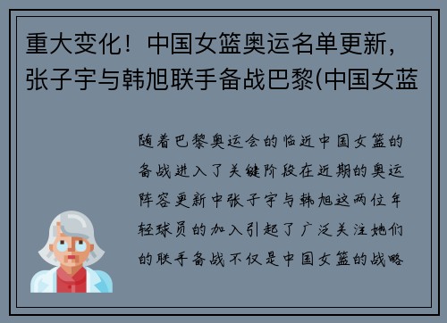 重大变化！中国女篮奥运名单更新，张子宇与韩旭联手备战巴黎(中国女蓝奥运名单公布)