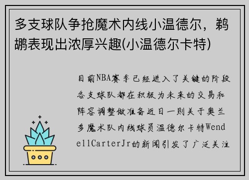 多支球队争抢魔术内线小温德尔,鹈鹕表现出浓厚兴趣(小温德尔卡特) 多支球队争抢魔术内线小温德尔,鹈鹕表现出浓厚兴趣(小温德尔卡特)