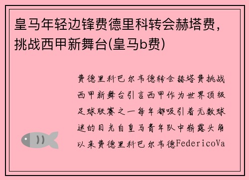 皇马年轻边锋费德里科转会赫塔费，挑战西甲新舞台(皇马b费)