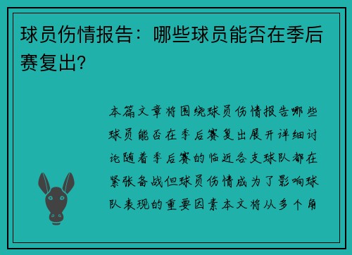 球员伤情报告：哪些球员能否在季后赛复出？