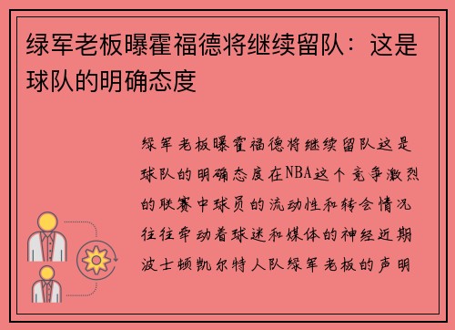 绿军老板曝霍福德将继续留队:这是球队的明确态度 绿军老板曝霍福德将继续留队:这是球队的明确态度